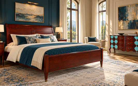 Bett Directoire mit 95 cm hohem Kopfteil