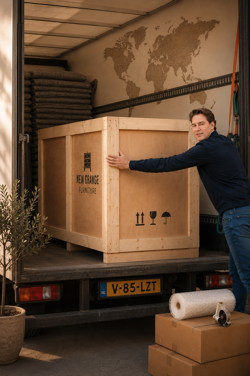 New Grange furniture in a wooden transport crate being loaded for delivery.