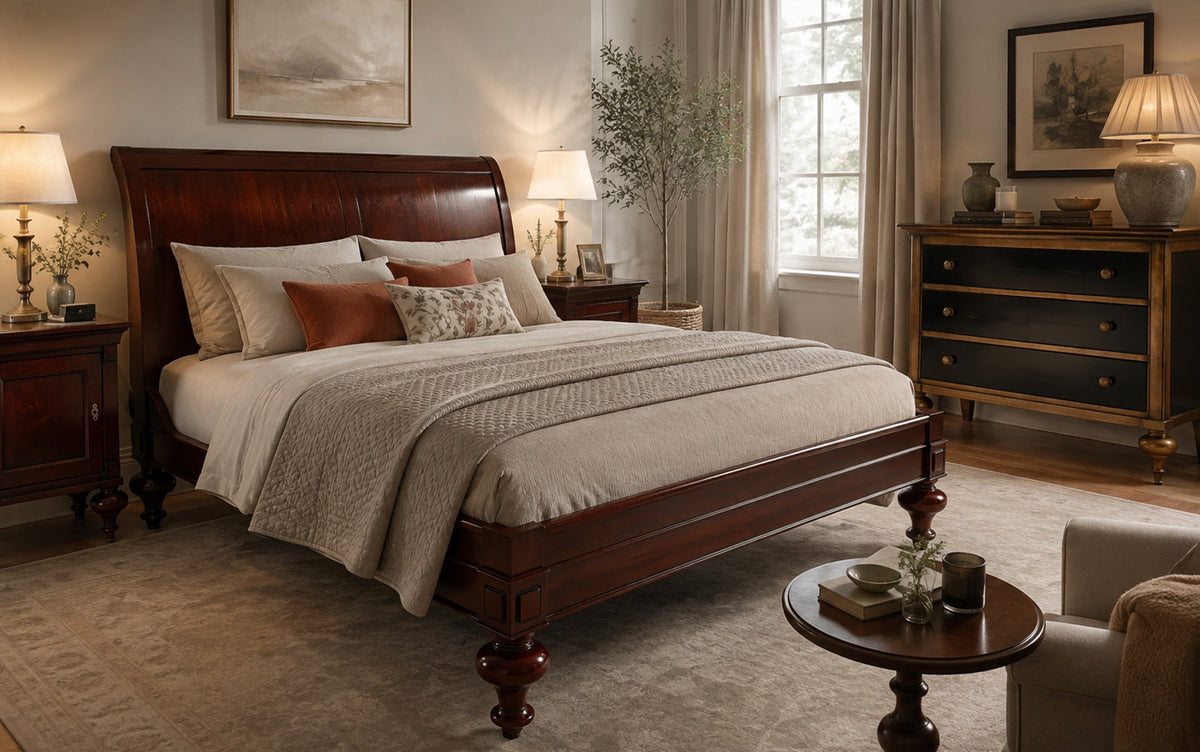 Indochine bed, red-brown, lightly antiqued