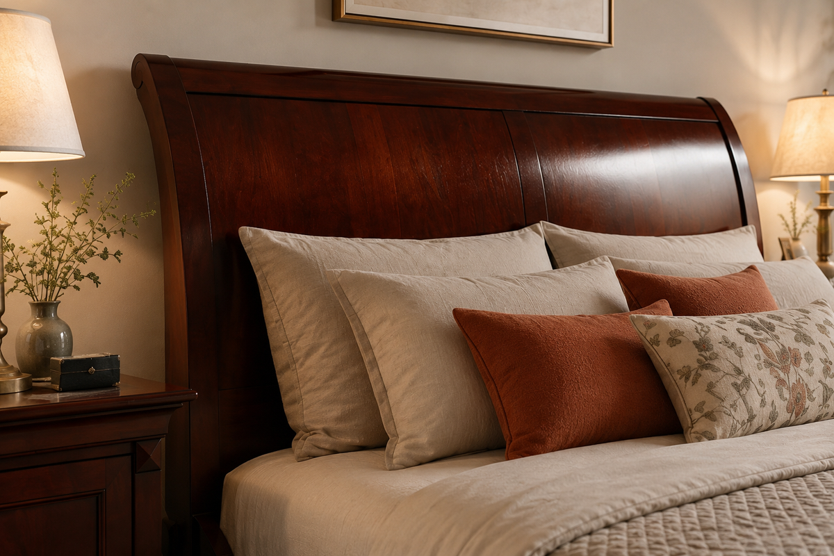 Indochine bed, red-brown, lightly antiqued